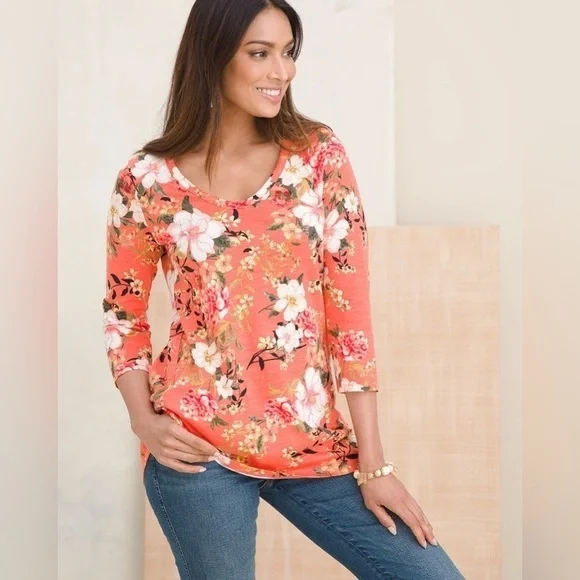 Chico’s Women’s Cotton-Blend Slub Floral-Print Tee Coral Size 1 (Medium) - Picture 6 of 9